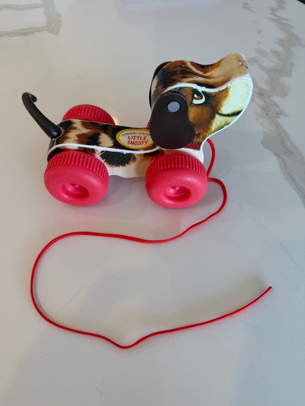 Fisher-Price Little Snoopy Pull Toy - Brown Body with Pink Wheels and Red Cord
